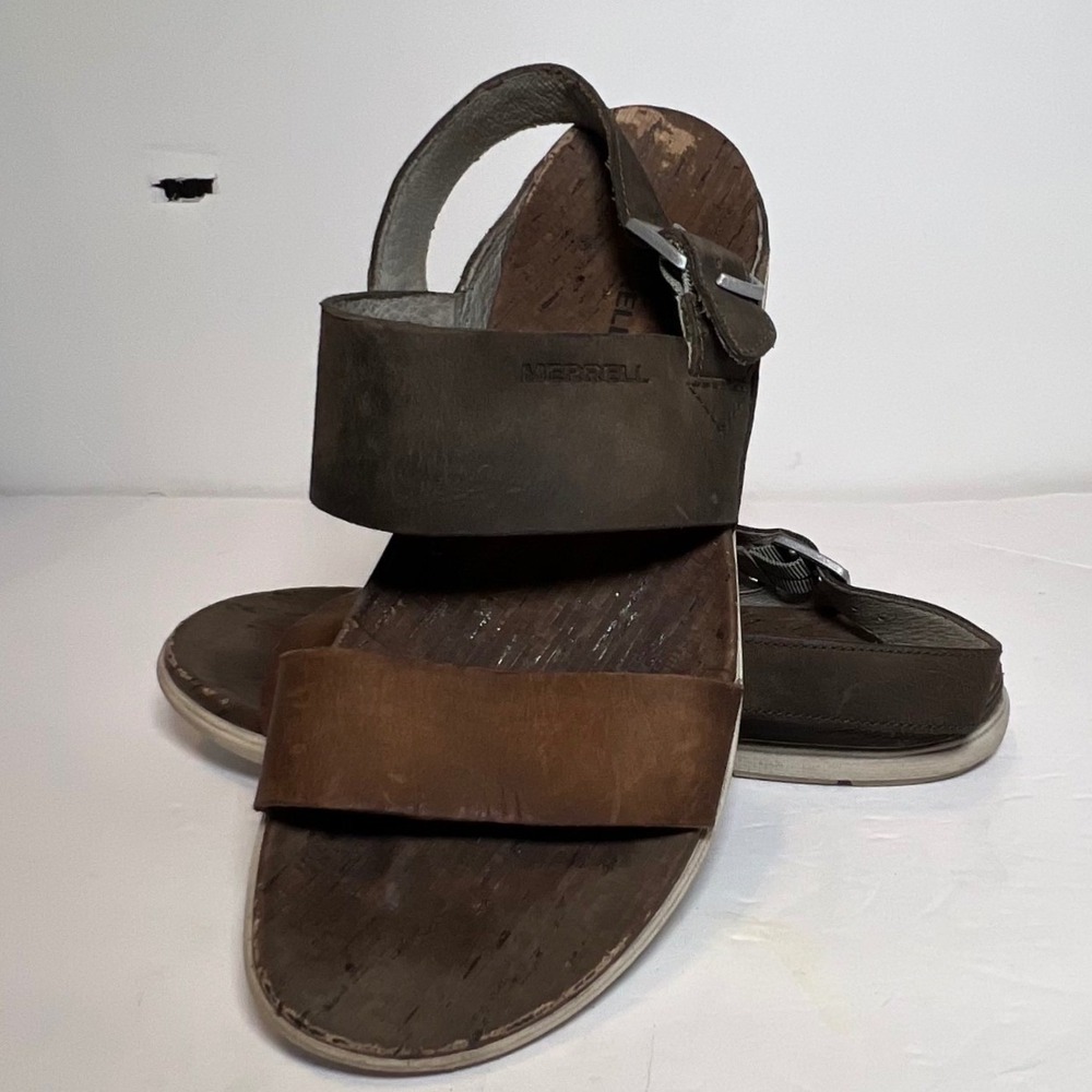 Merrell Around Town Sandals Women 7 Brown Leather Slingback Cork Footbed Grip